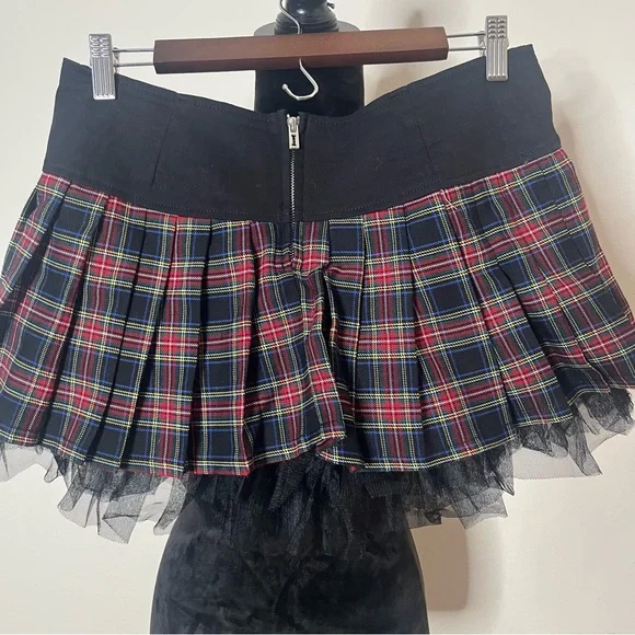Royal Bones Daang Goodman Tripp Tartan Plaid Black Pleated Tulle Mini Skirt Sz M - Picture 2 of 10